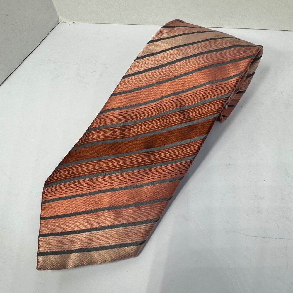BCBG Attitude Men's 100% Silk Necktie Copper Orange Grey Striped Hand‎ Made Tie